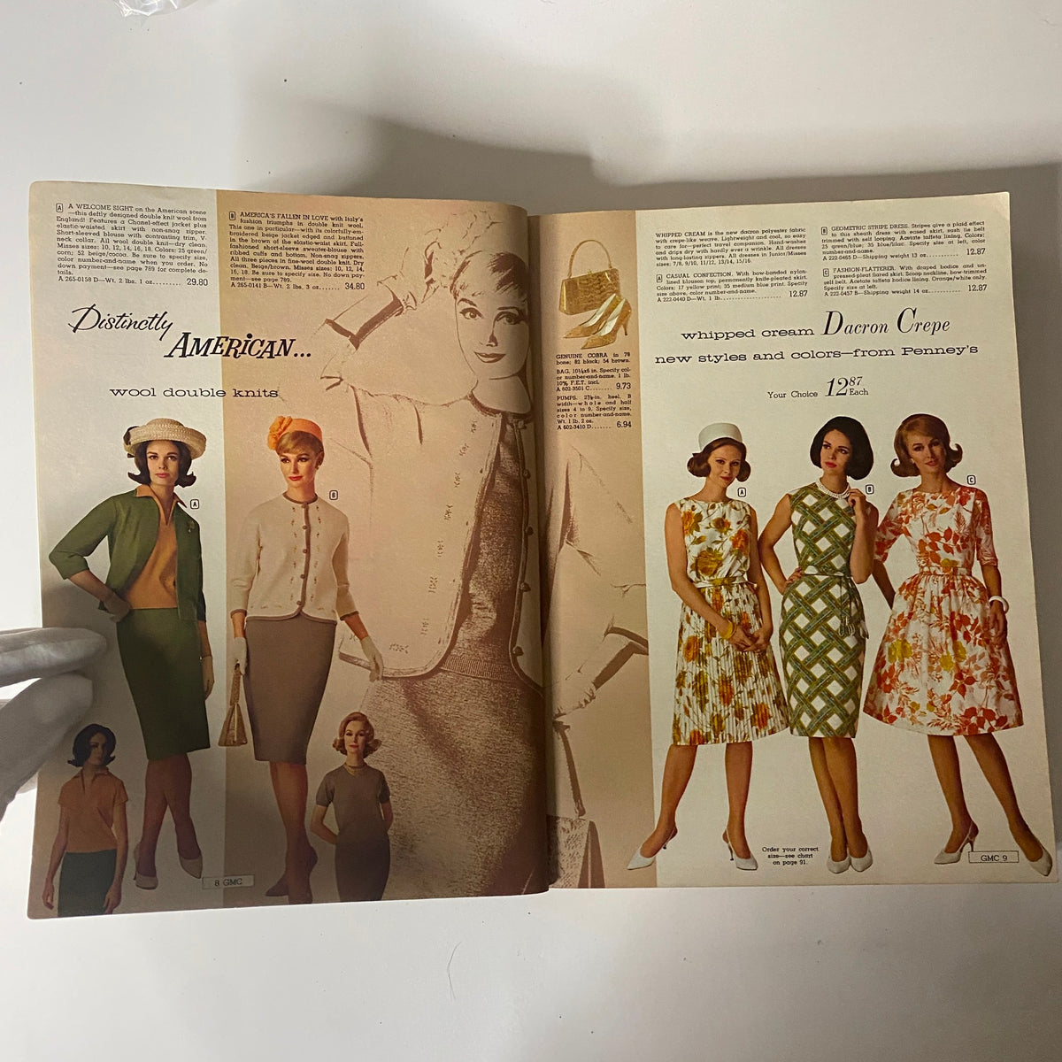 1963 General Merchandise Company Spring and Summer Catalog page featuring women's wool double knit outfits, with elegant dresses and price listings.