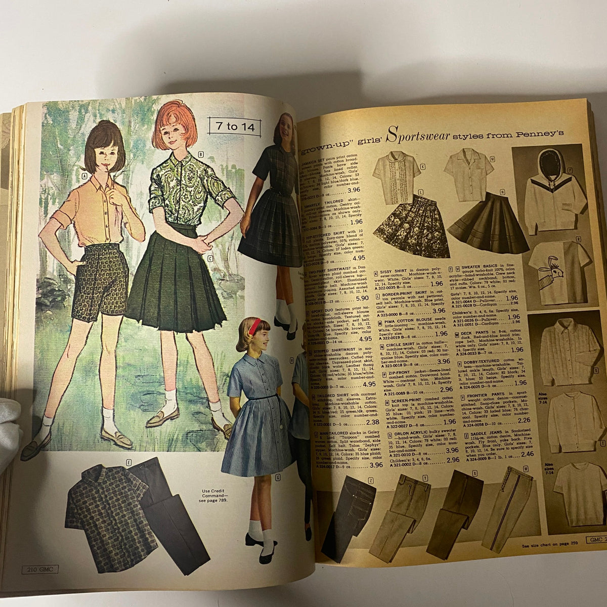 1963 General Merchandise Company Spring and Summer Catalog showcasing girls' sportswear styles, including a variety of clothing items for ages 7 to 14, with colorful illustrations and pricing details.