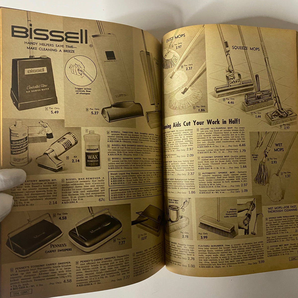 1963 General Merchandise Company Spring and Summer Catalog displaying Bissell cleaning products, including mops and carpet sweepers, with detailed descriptions and prices for effective home cleaning solutions.