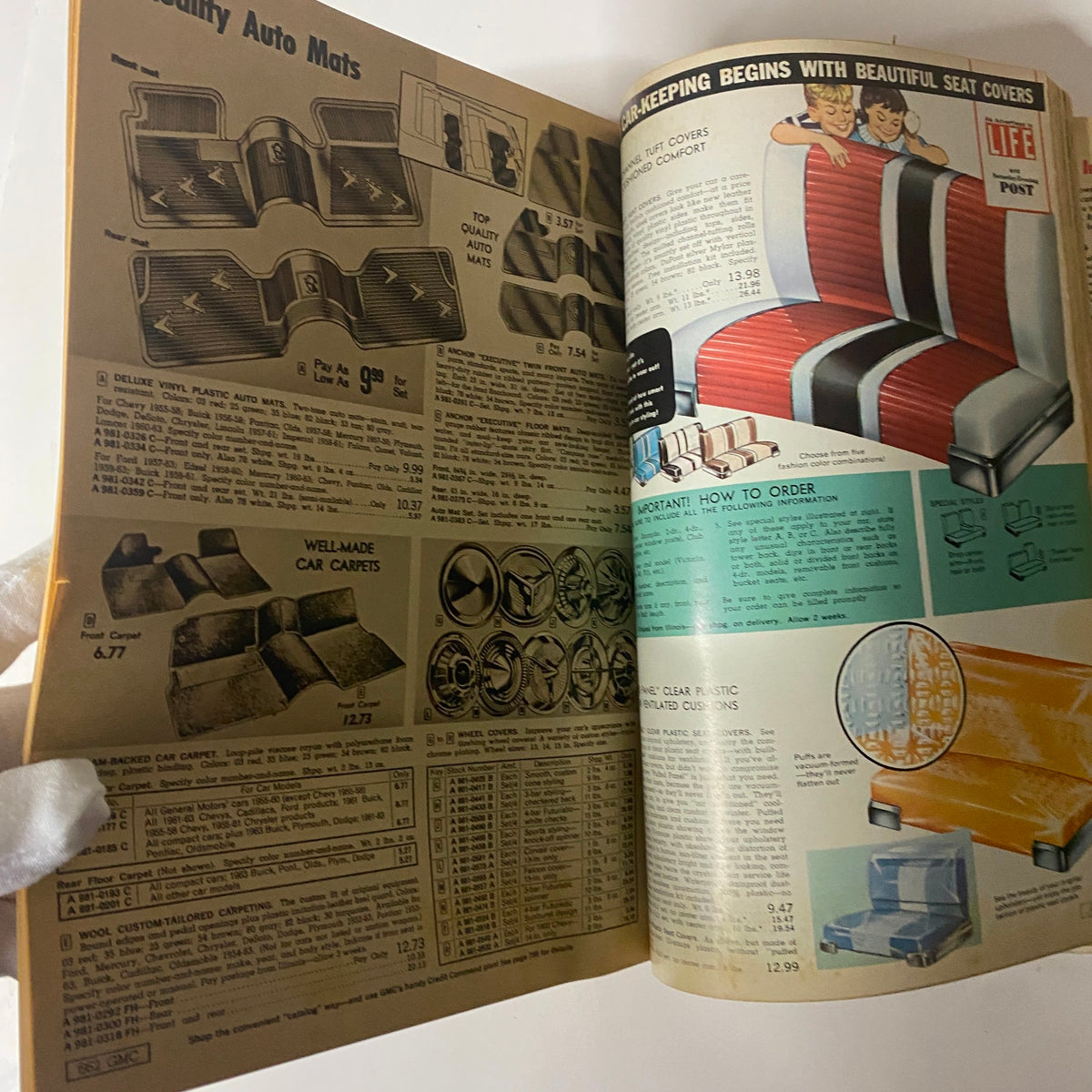 1963 General Merchandise Company Spring and Summer Catalog presenting quality auto mats and car accessories, featuring a range of products to enhance vehicle comfort and maintenance along with pricing details.