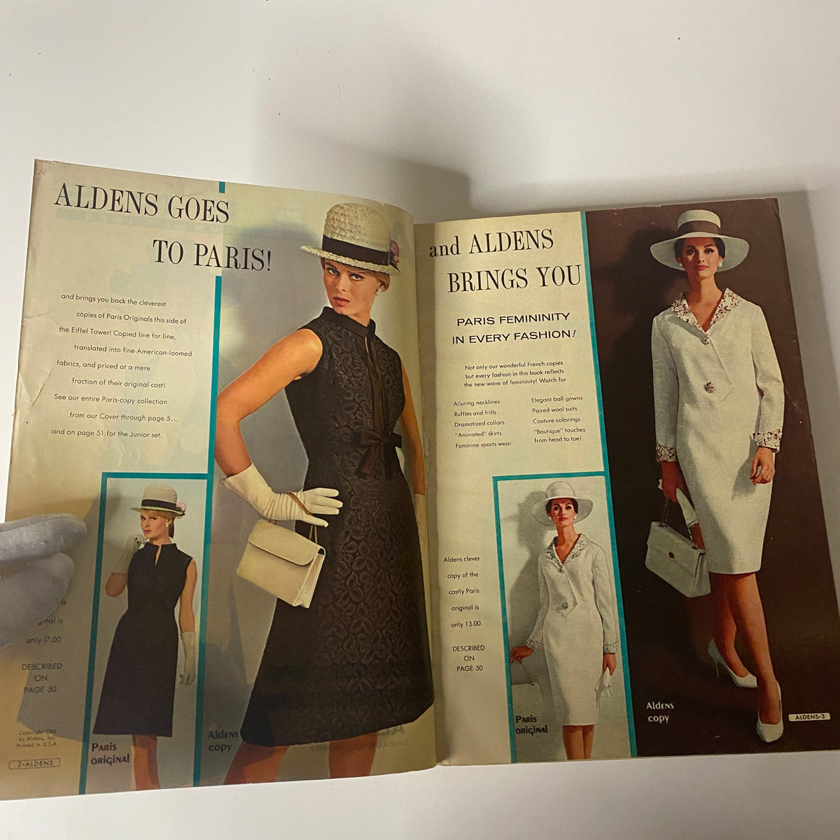 Open pages of the 1965 Aldens Spring and Summer Catalog highlighting Paris-inspired women's fashion, with models showcasing elegant clothing styles.