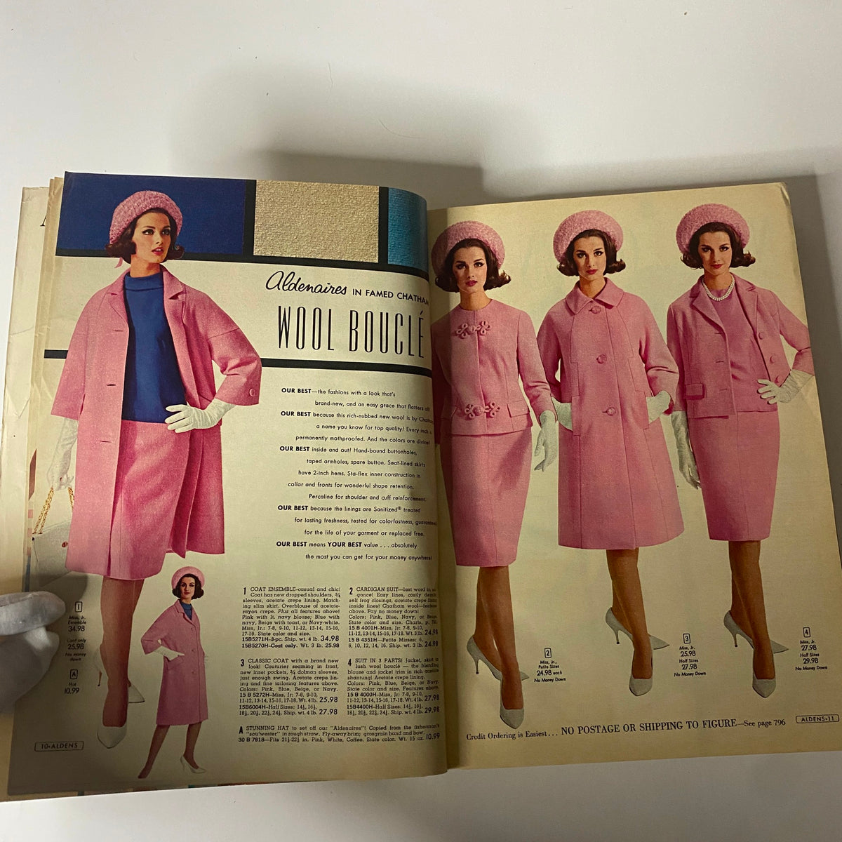 Interior page of the 1965 Aldens Spring and Summer Catalog displaying 'Wool Boucle' coat options for women, representative of 1960s fashion.