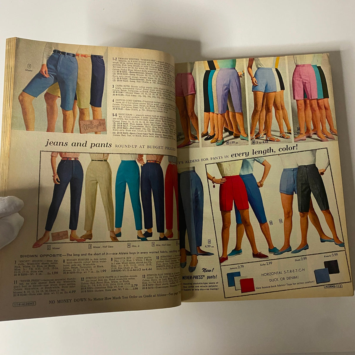 1965 Aldens Spring and Summer Catalog featuring a collection of stylish jeans and pants for men and women, highlighting various colors and budget-friendly prices.