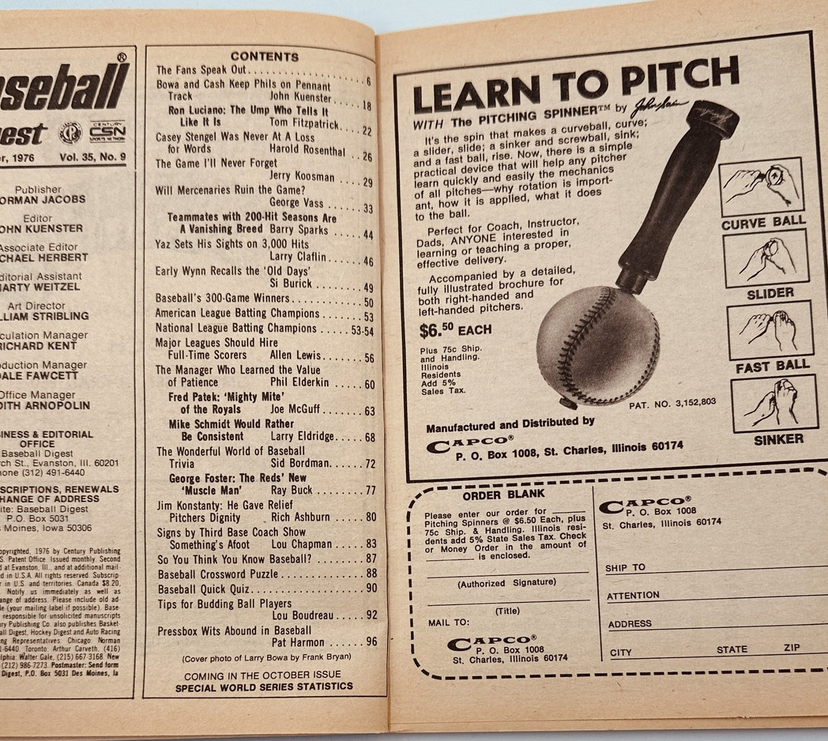Inside page of Baseball Digest Magazine September 1976 displaying the Table of Contents and an advertisement for pitching gear.