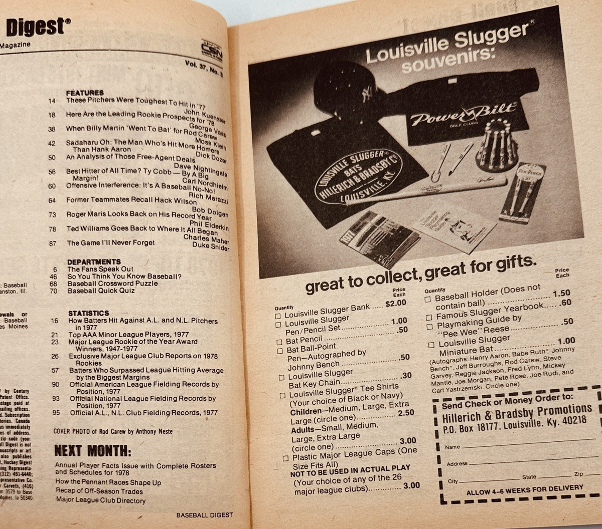 Inside page of Baseball Digest Magazine March 1978, showcasing content features including player statistics, advertisements, and upcoming editions, providing a glimpse into baseball insights from the era.