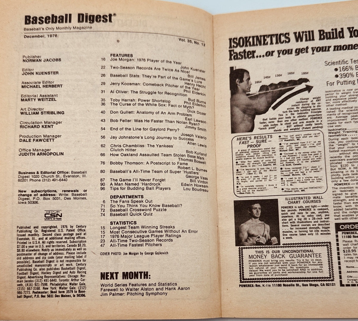 Inside spread of Baseball Digest Magazine December 1976, showcasing the table of contents and features, including highlights of Joe Morgan and other baseball records.