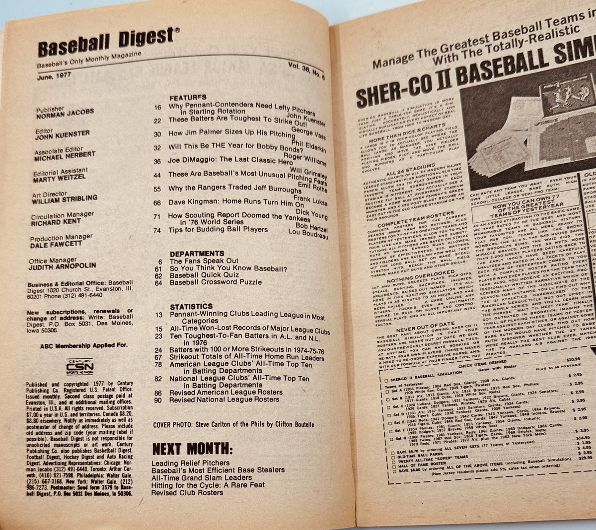 Interior page of the June 1977 Baseball Digest magazine, showcasing the table of contents and various featured articles, including insights from notable figures in baseball.