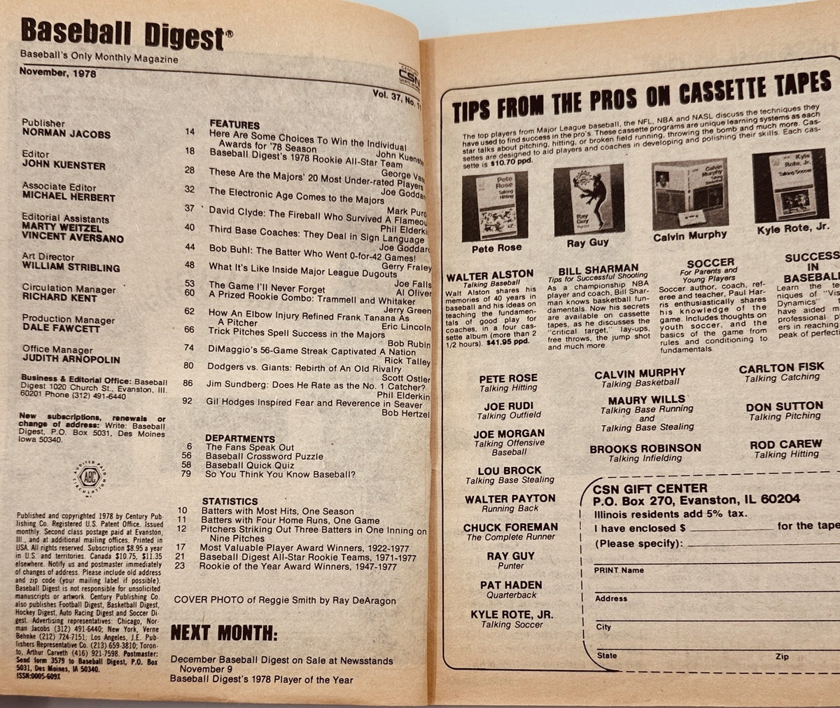 Inside spread of Baseball Digest Magazine from November 1978, displaying articles and features, including tips from sports professionals and a contents section.