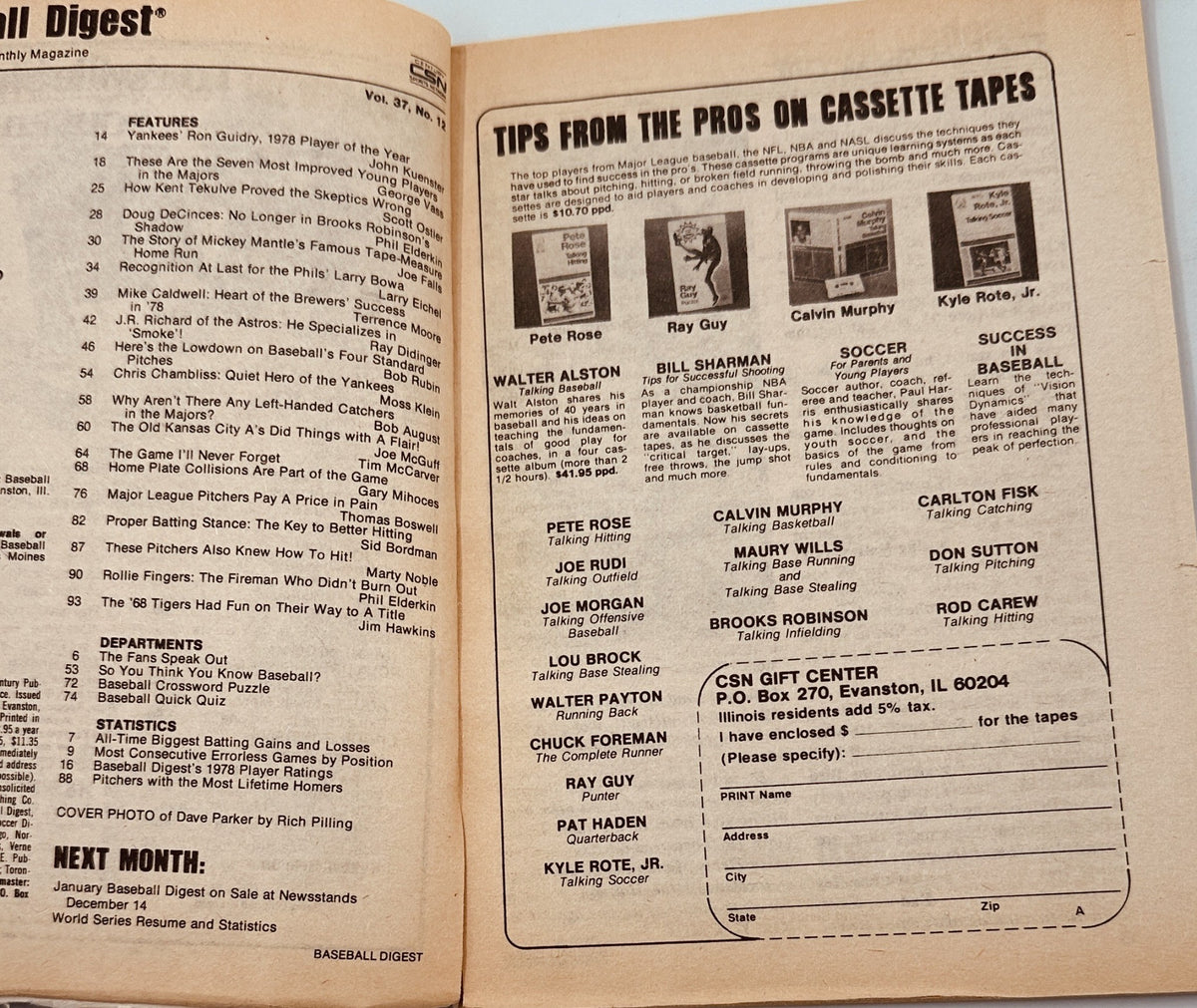 Inside page of Baseball Digest Magazine December 1978 displaying tips from professionals about cassette tapes, showcasing a variety of baseball-related content.