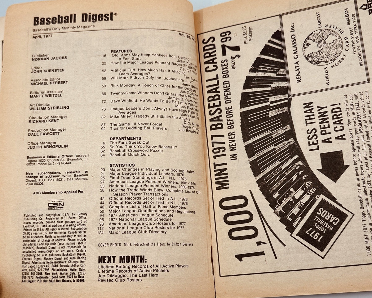 Interior page of Baseball Digest Magazine from April 1977 featuring team rosters and articles on baseball topics, including a feature on Mark Fidrych.