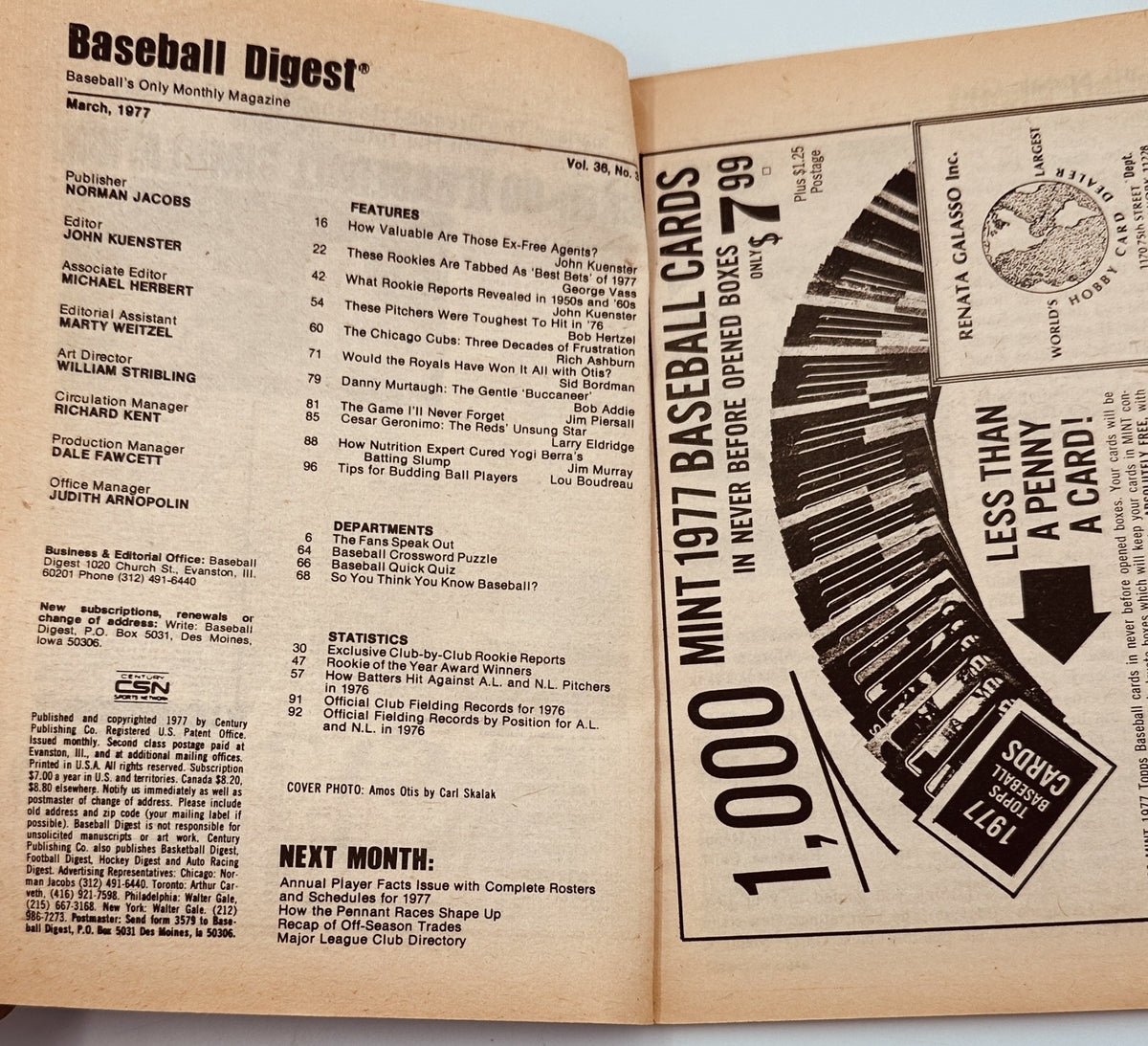 Inside page of Baseball Digest Magazine March 1977, displaying features, articles on rookies, and baseball cards, alongside publication details.