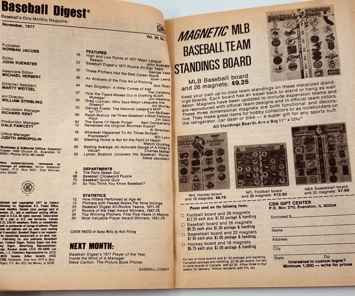 Inside page of Baseball Digest Magazine from November 1977 displaying the Table of Contents and advertisements. This page includes features related to the 1977 Major League Season and Rookie All-Star Teams.