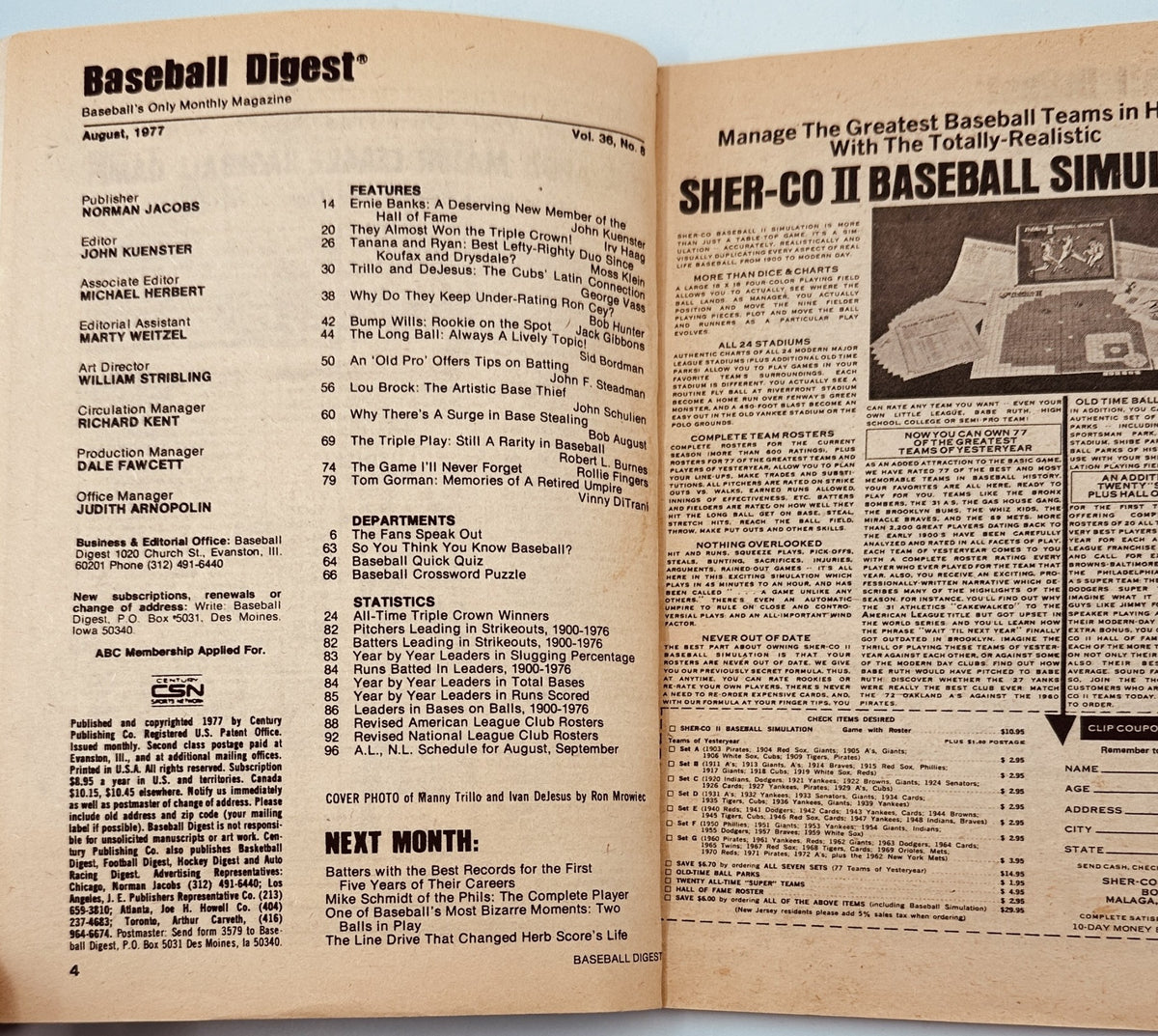 Inside page of Baseball Digest Magazine August 1977 showcasing the Table of Contents and features including Ernie Banks and the Cubs' Latin Connection.