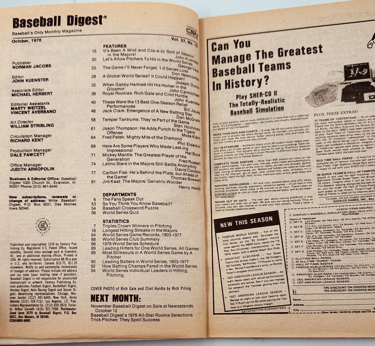 Inside page of Baseball Digest Magazine from October 1978, showcasing the table of contents and features related to the World Series and historical baseball topics.