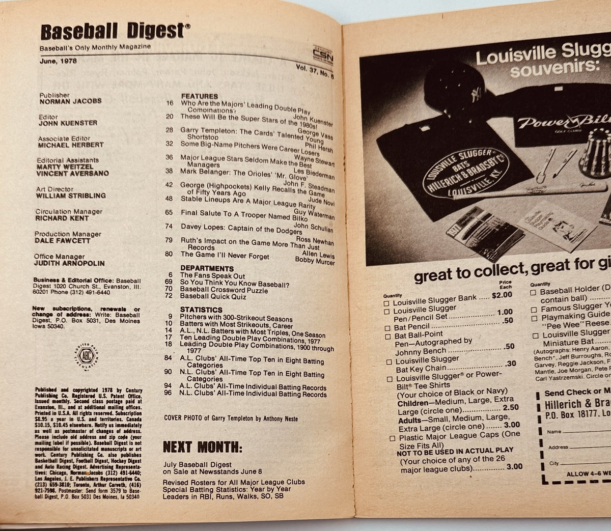 Interior page of Baseball Digest Magazine from June 1978 featuring articles and statistics including Garry Templeton of the St. Louis Cardinals. The page includes magazine details and an advert for Louisville Slugger souvenirs.
