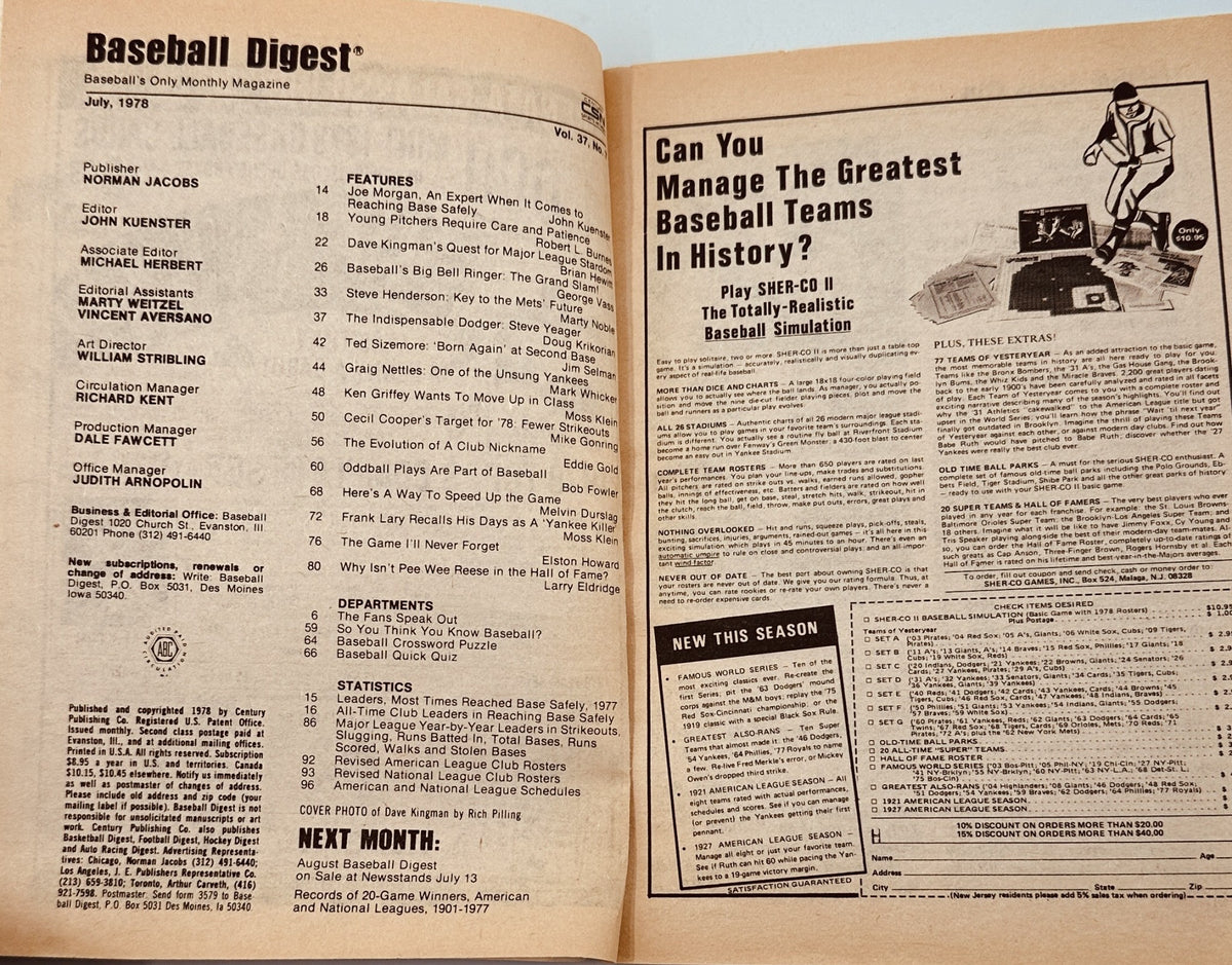 Inside page of Baseball Digest Magazine, July 1978 displaying the Table of Contents. The page highlights features about prominent baseball figures and statistics from the MLB.