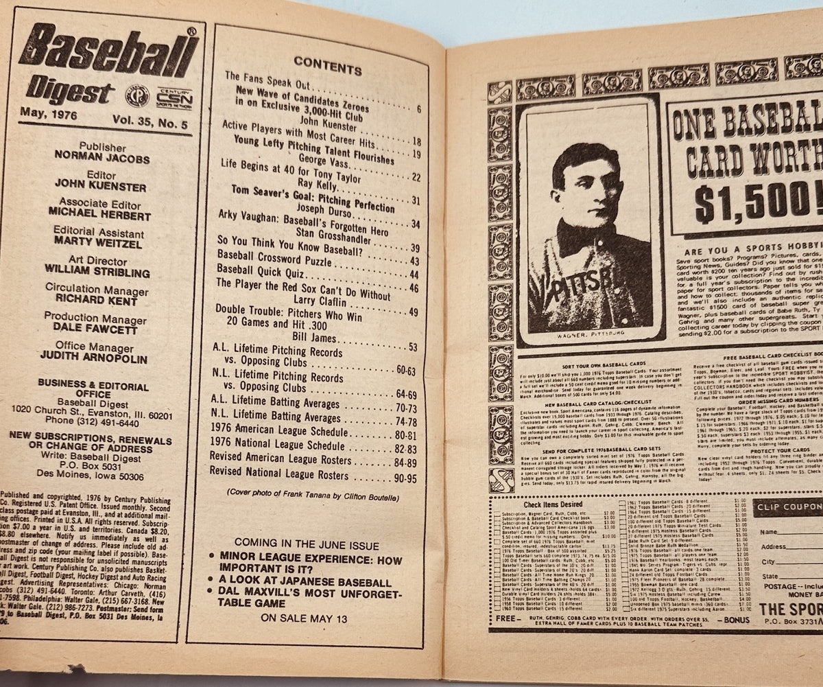 Interior page of Baseball Digest Magazine May 1976, displaying the table of contents. Key articles include 'The Fans Speak Out', player statistics, and schedule information for both American and National Leagues.