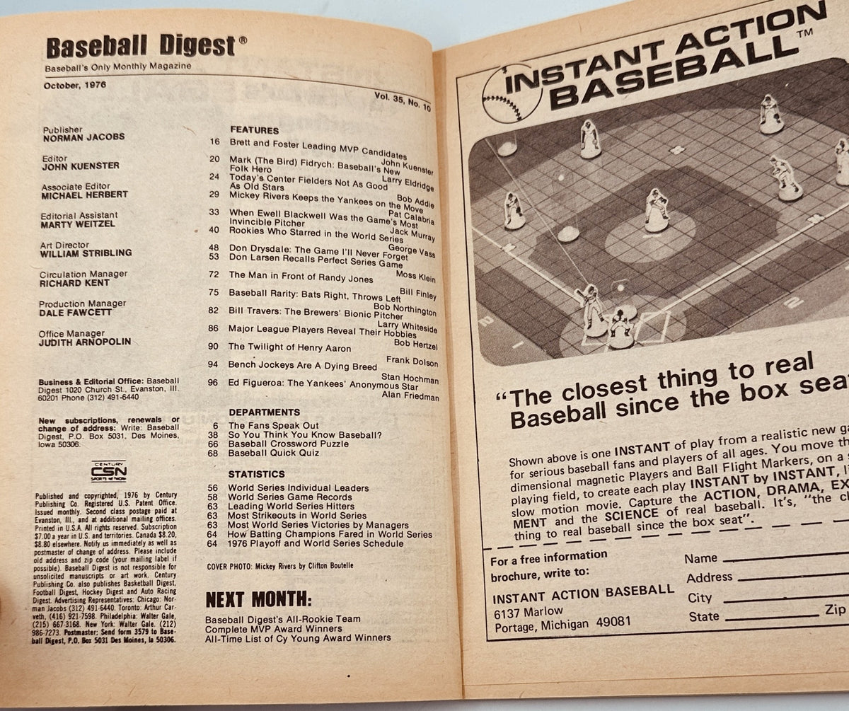 Inside page of Baseball Digest Magazine October 1976, showcasing the Table of Contents with features about Mark Fidrych, Mickey Rivers, and notable baseball statistics.