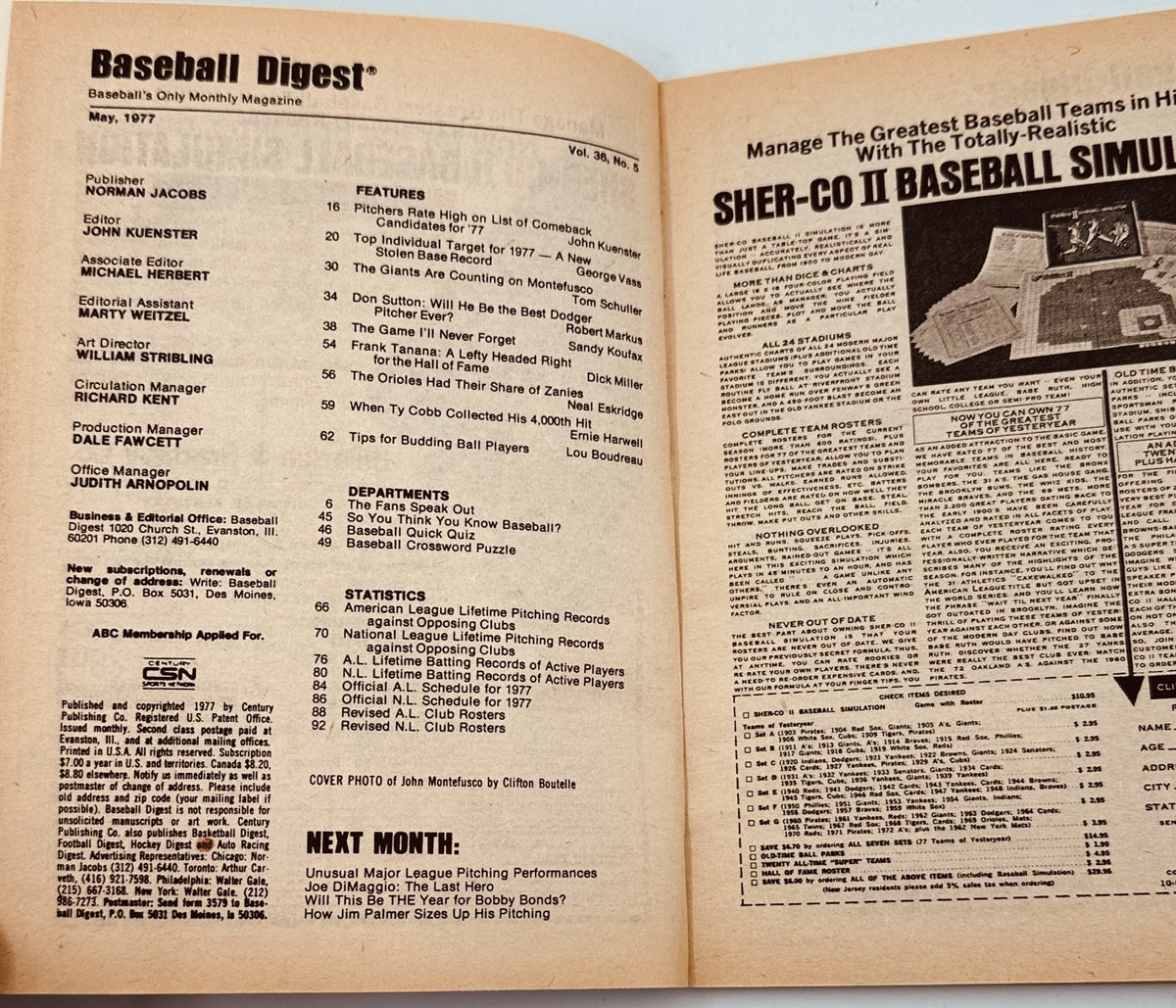 Baseball Digest Magazine May 1977 featuring pitching records and articles including 'The Giants Are Counting on Montefusco' and a complete table of contents listing notable topics and statistics.