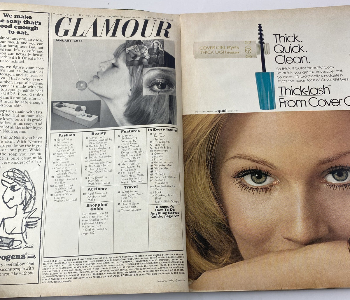 Glamour Magazine January 1974 featuring a fashion advertisement and beauty tips alongside editorials in a vintage layout. The magazine promotes trends and styles from the 1970s.