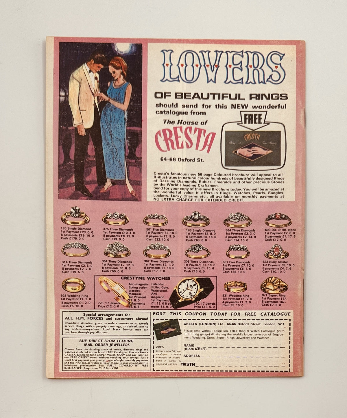 Back cover of Showguide Magazine October 1968 advertising Cresta jewelry and watches with a vintage design. Features a couple by Cresta, promoting their rings and watch catalogue.