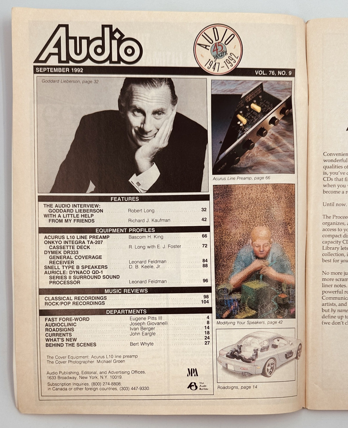 Inside page of Audio Magazine September 1992 showcasing the Table of Contents. It includes features such as an interview with Goddard Lieberson and equipment profiles for the Acurus L10 and Onkyo TA-207.