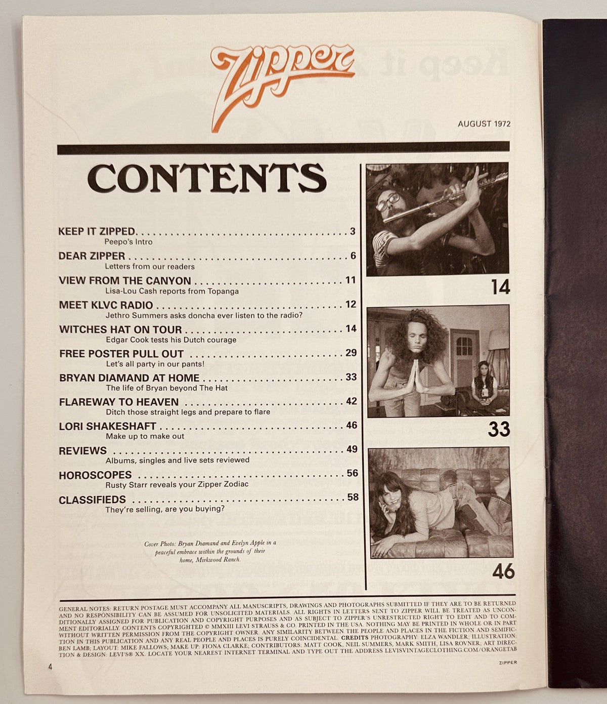 Table of contents from Zipper Magazine August 1972, outlining articles such as 'Keep It Zipped', 'Witches Hat on Tour', and 'Bryan Diamand at Home'.