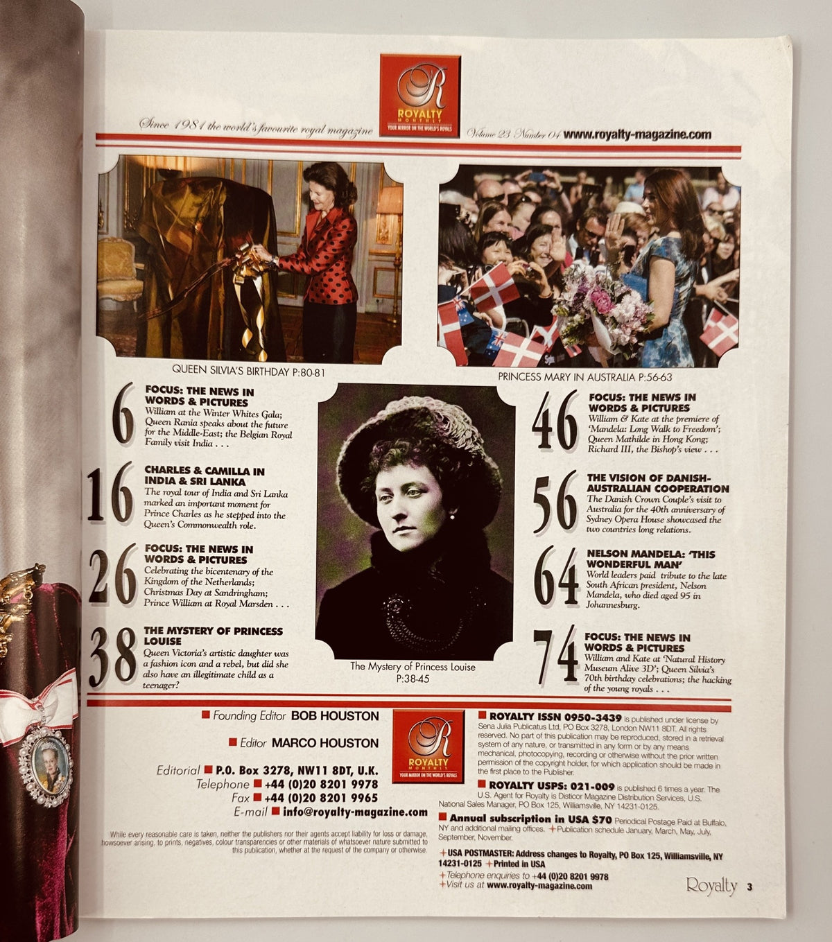 Inside page of Royalty Monthly Magazine February/March 2014 displaying the Table of Contents, including features on Queen Silvia’s birthday, Charles and Camilla in India, and the mystery of Princess Louise.