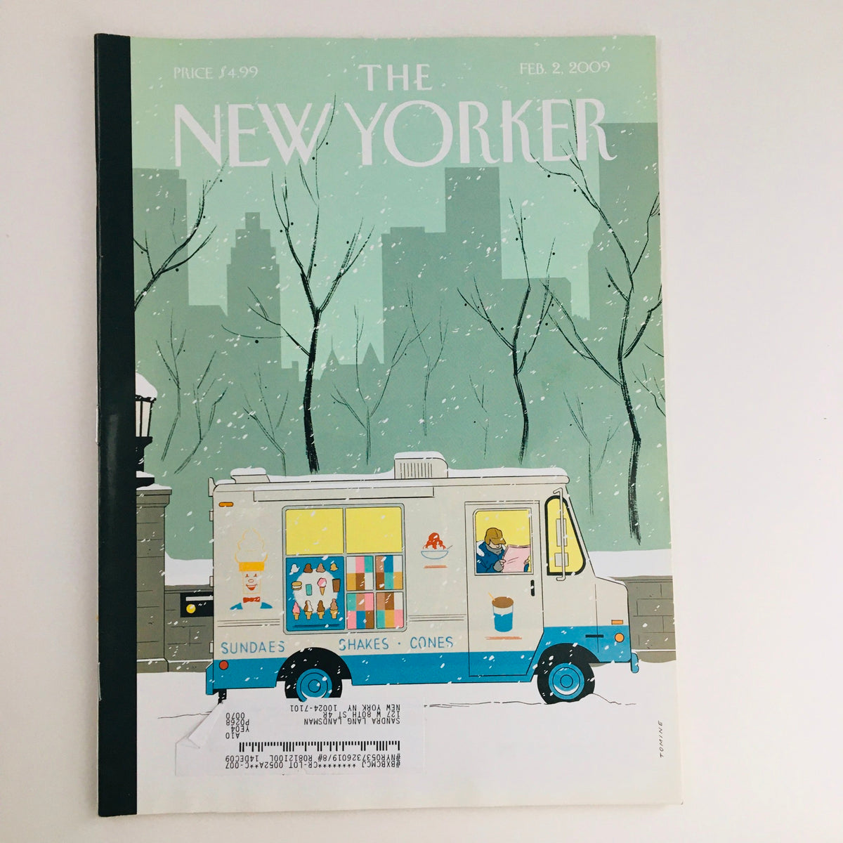 The New Yorker February 2 2009 magazine cover featuring an illustration of an ice cream truck in a snow-covered city, designed by Adrian Tomine.