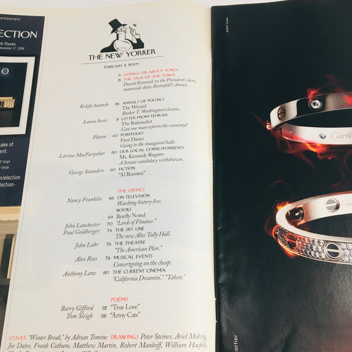 The interior page of The New Yorker February 2 2009, displaying the table of contents with various articles, illustrations, and features from that issue.
