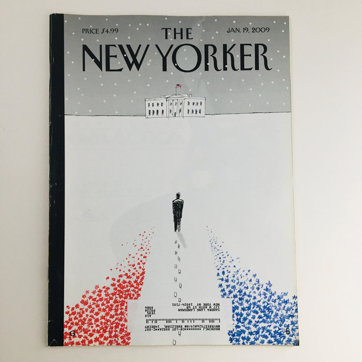 Cover of The New Yorker January 19 2009 featuring artistic design by Guy Billout, showcasing a man walking towards the White House amidst red and blue flower patterns.