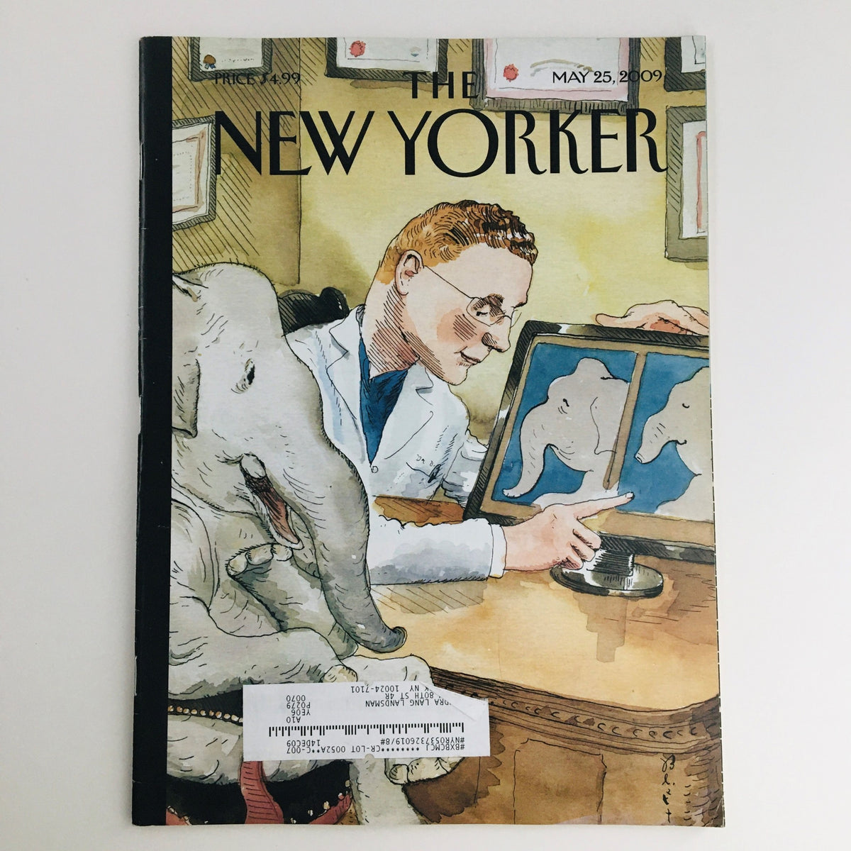 Cover illustration of The New Yorker magazine dated May 25, 2009, featuring a whimsical depiction of a doctor with an elephant, reflecting the theme 'Nip and Tuck' by Barry Blitt.