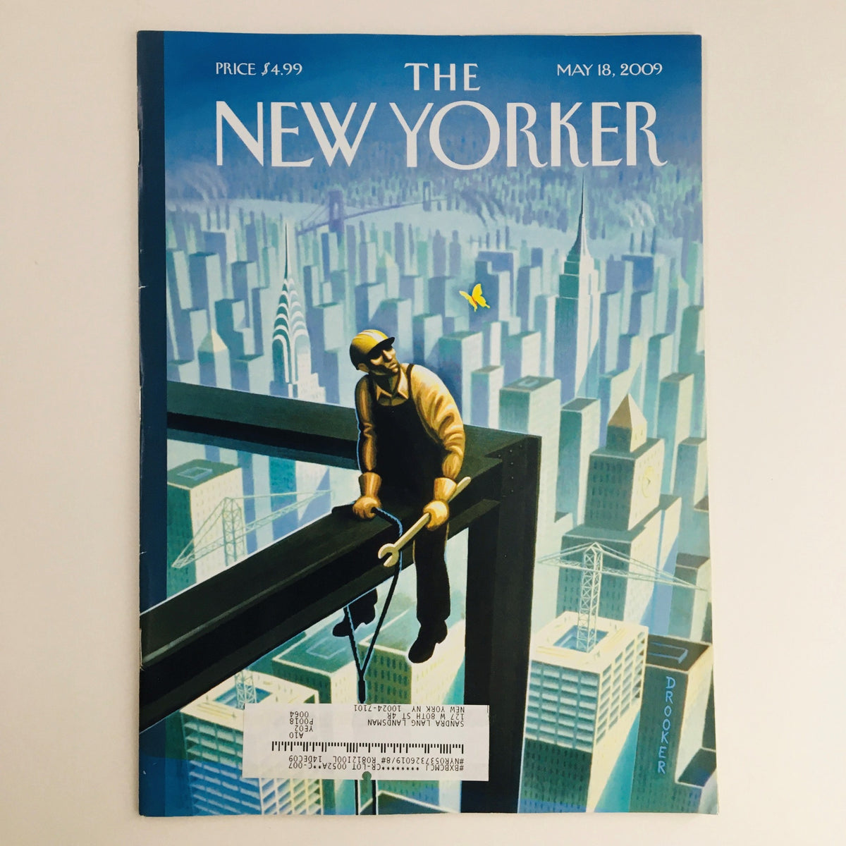 The New Yorker Full Magazine May 18 2009 featuring the cover art 'Coming Up For Air' by Eric Drooker, showcasing a worker on a skyscraper with a city skyline.
