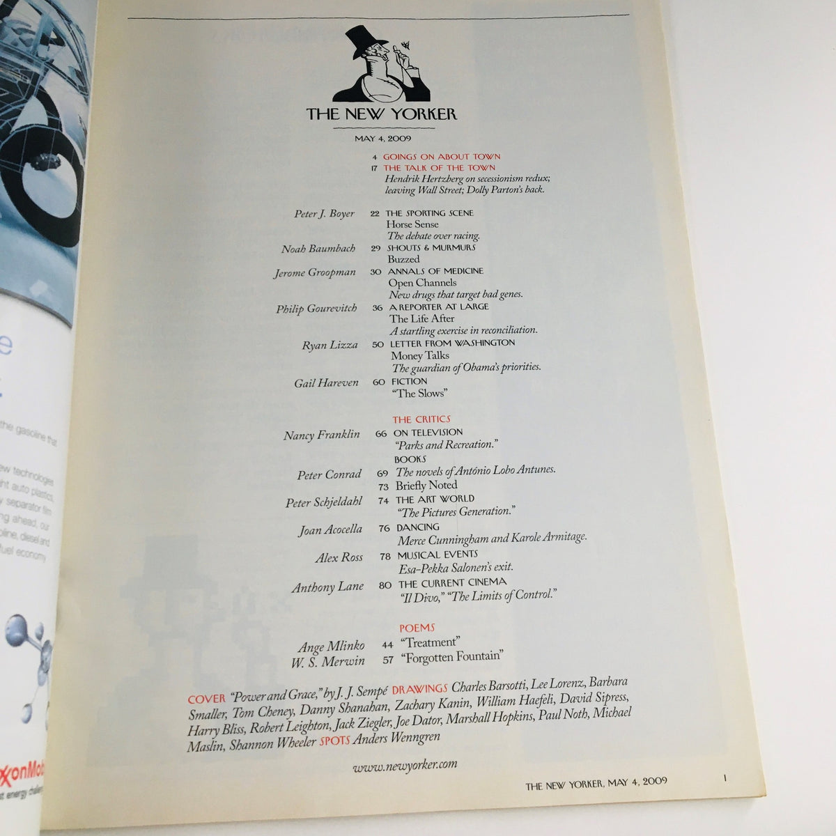 Interior page of The New Yorker Full Magazine May 4 2009, displaying the table of contents and contributing writers for that edition.