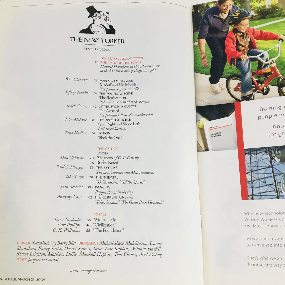 Interior page of The New Yorker magazine, March 23, 2009, showcasing the table of contents, including articles and the cover credit for 'OctoRush' by Barry Blitt.