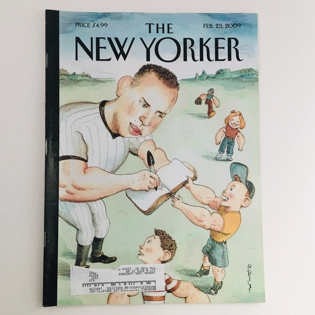 Cover of The New Yorker magazine February 23, 2009 featuring an illustration by Barry Blitt depicting a playful baseball theme including cartoon characters and Alex Rodriguez.