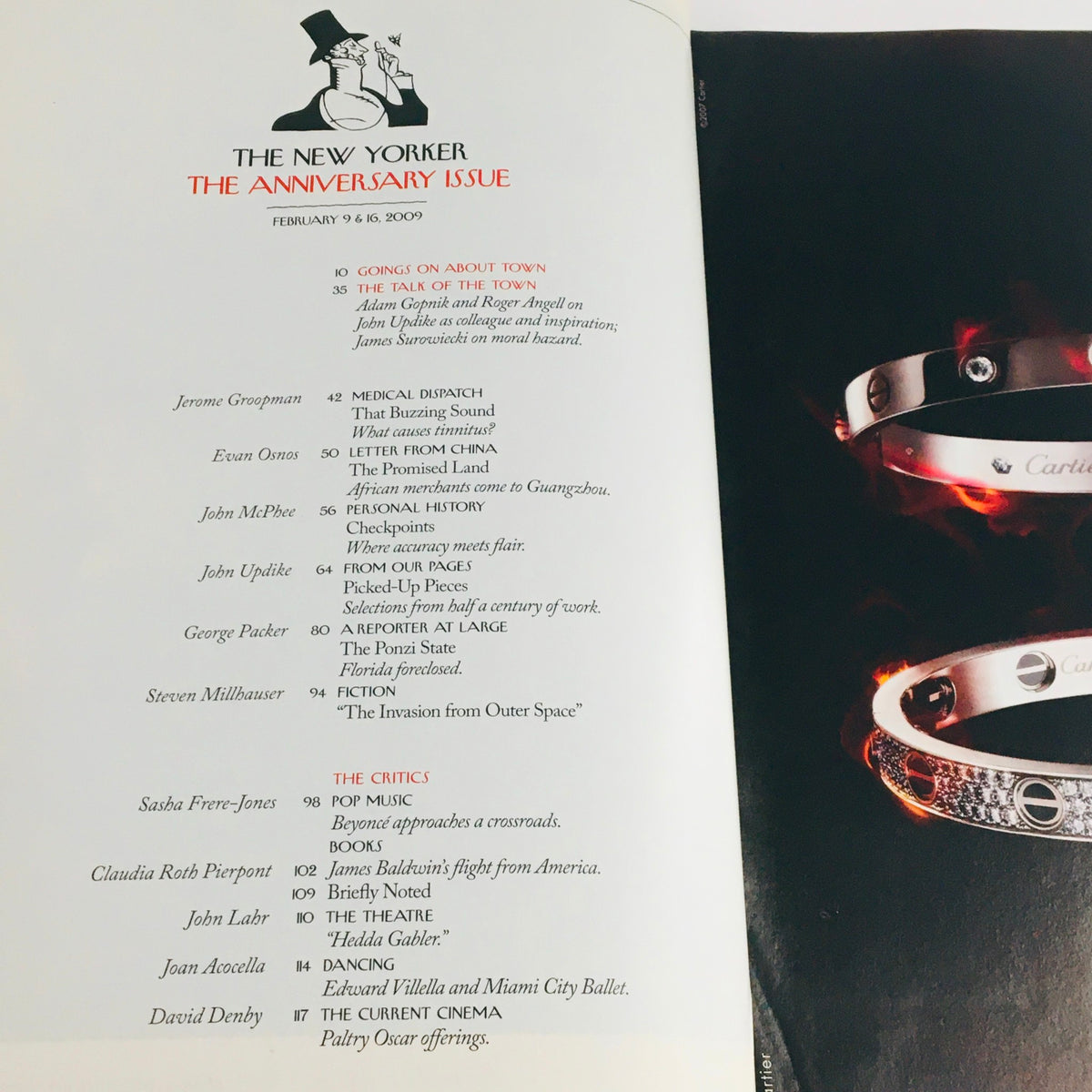 Table of contents for The New Yorker Full Magazine February 9 2009, featuring articles and features that delves into various topics, including a piece by John Updike and critiques of music and performance.
