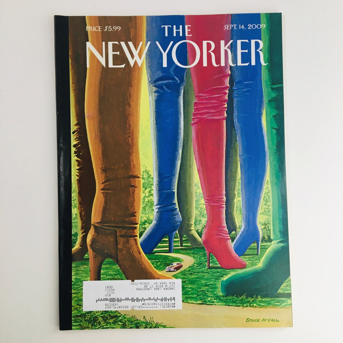 Cover of The New Yorker Magazine from September 14, 2009 featuring colorful high-heeled boots in a stylish outdoor setting, illustrated by Bruce McCall.