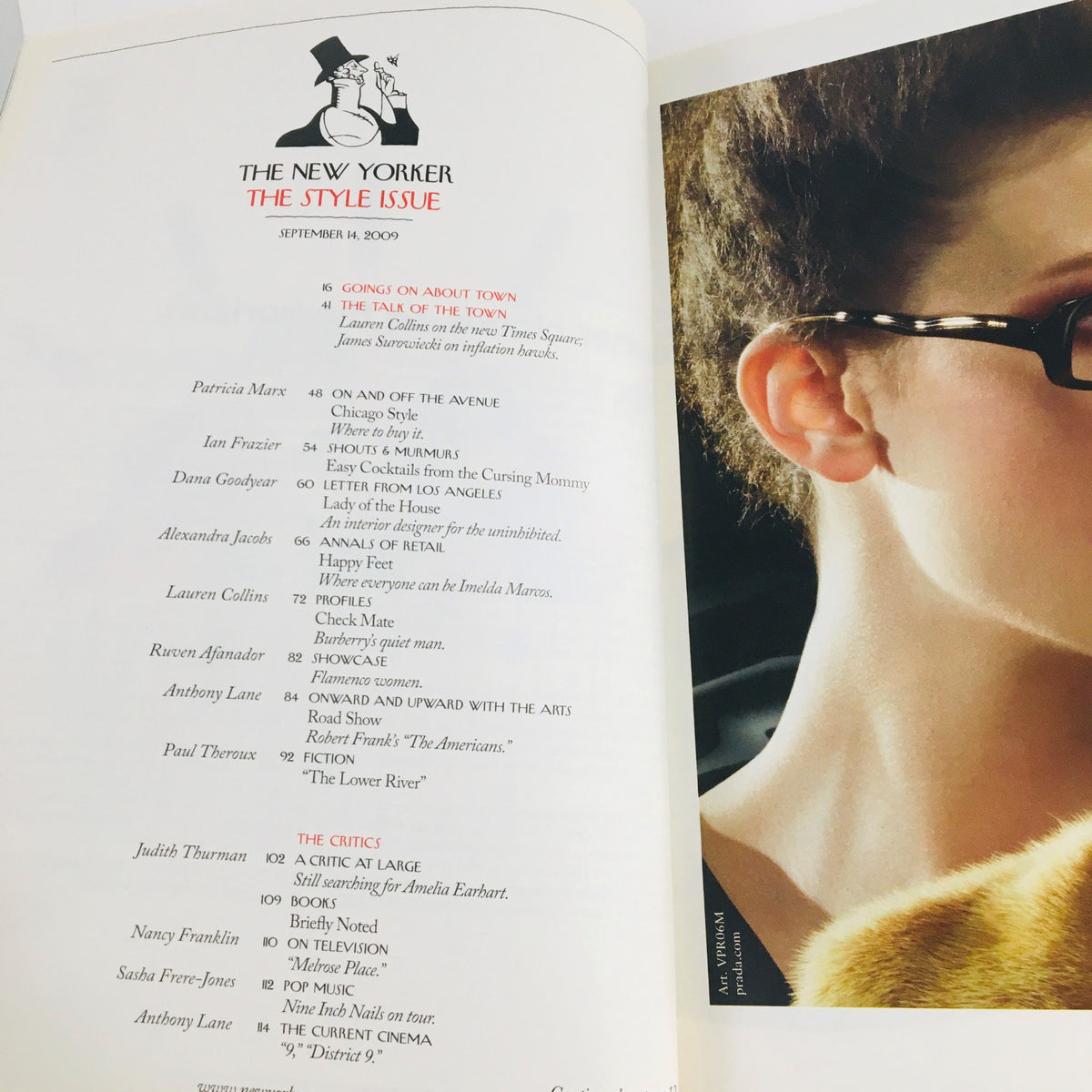 Interior page of The New Yorker Magazine September 14, 2009 showcasing the table of contents for The Style Issue, highlighting various articles and contributors.