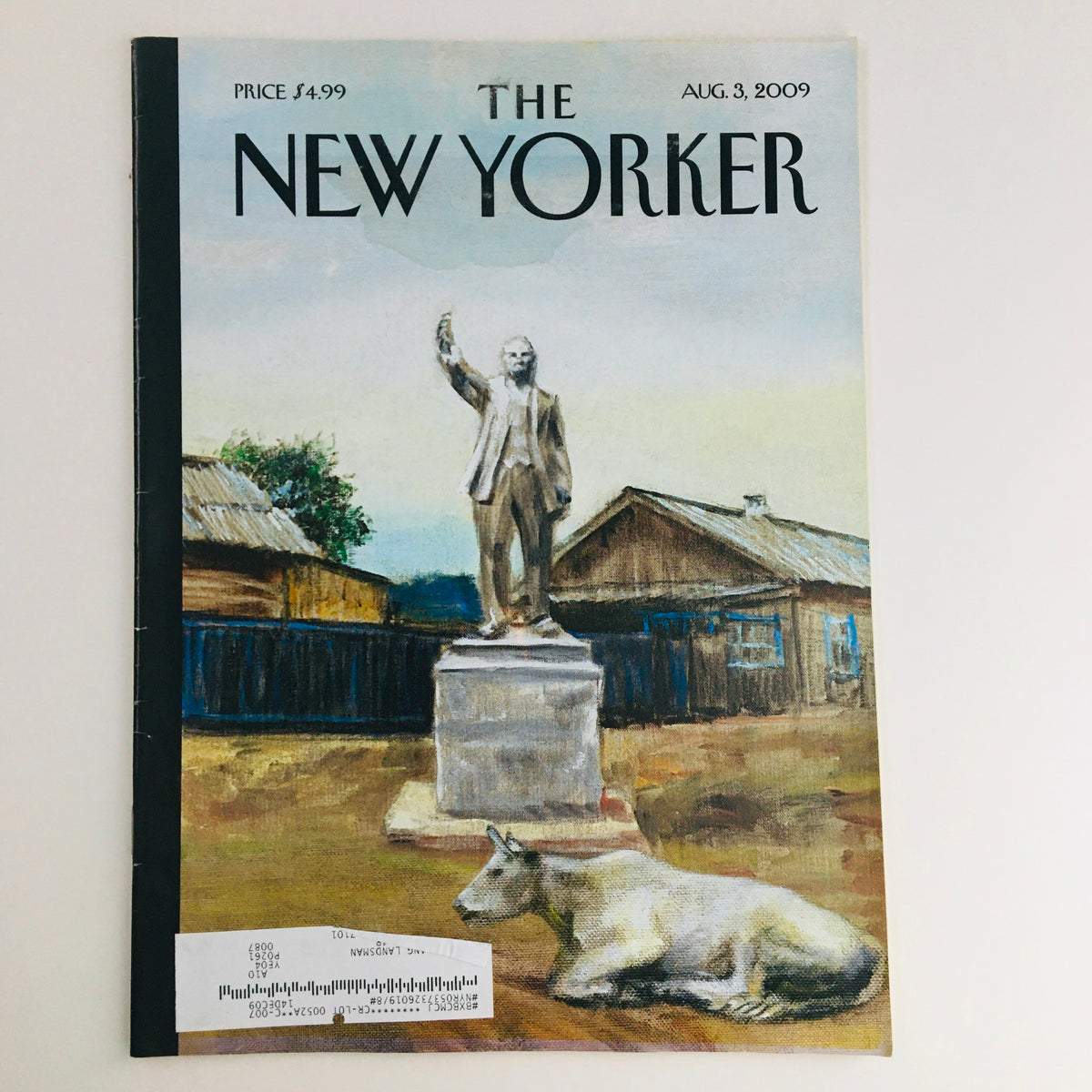 Cover of The New Yorker Full Magazine August 3 2009 featuring artwork titled 'Siberia' by Alex Melamid, depicting a historical figure statue and a grazing cow.