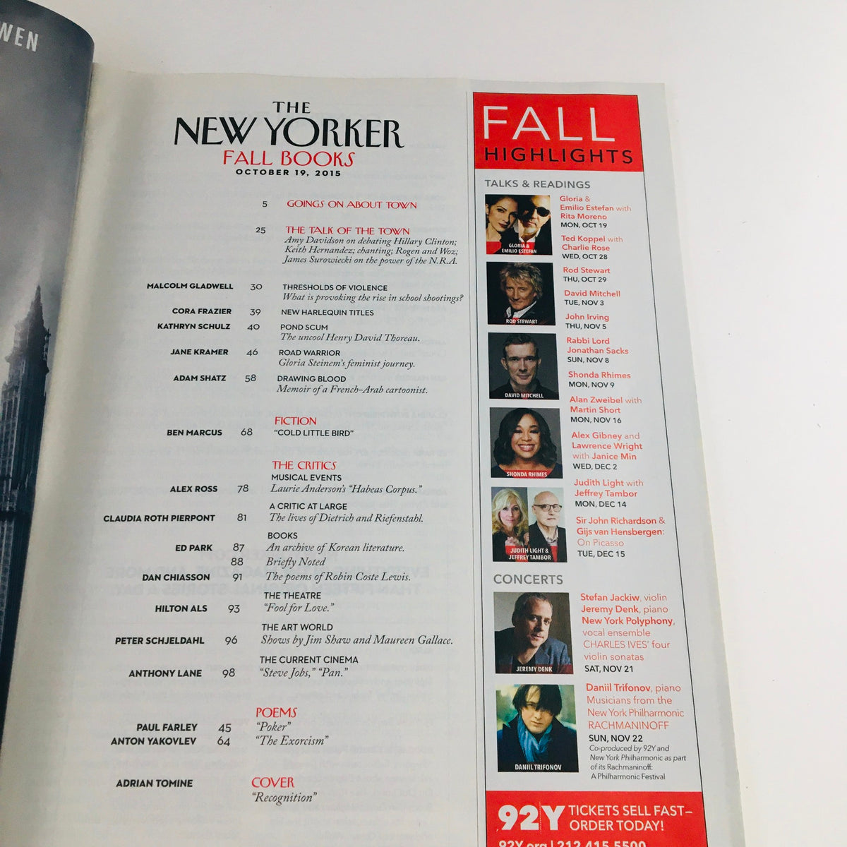 Inside page of The New Yorker October 19 2015 full magazine featuring Fall Highlights, including talks, readings, and concerts, showcasing the magazine's rich content and editorial style.