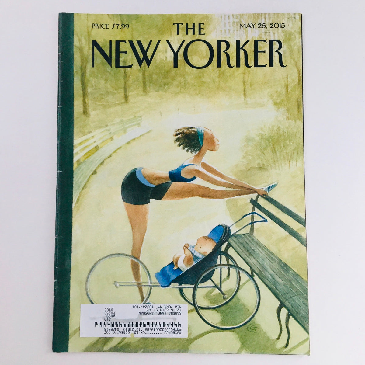 Cover of The New Yorker May 25, 2015 featuring artwork by Carter Goodrich, showcasing a woman in athletic attire on a park bench with a stroller.