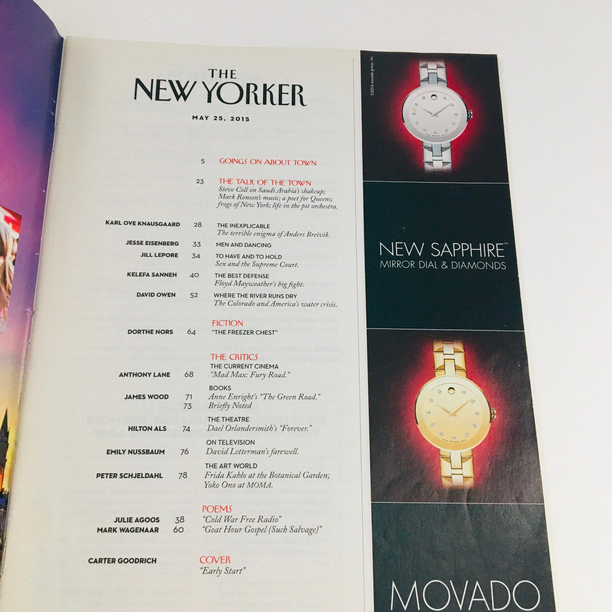 Inside page of The New Yorker May 25, 2015 magazine, featuring the table of contents and advertisements, including a Movado watch and artwork by Carter Goodrich, showcasing the magazine's artistic and literary offerings.