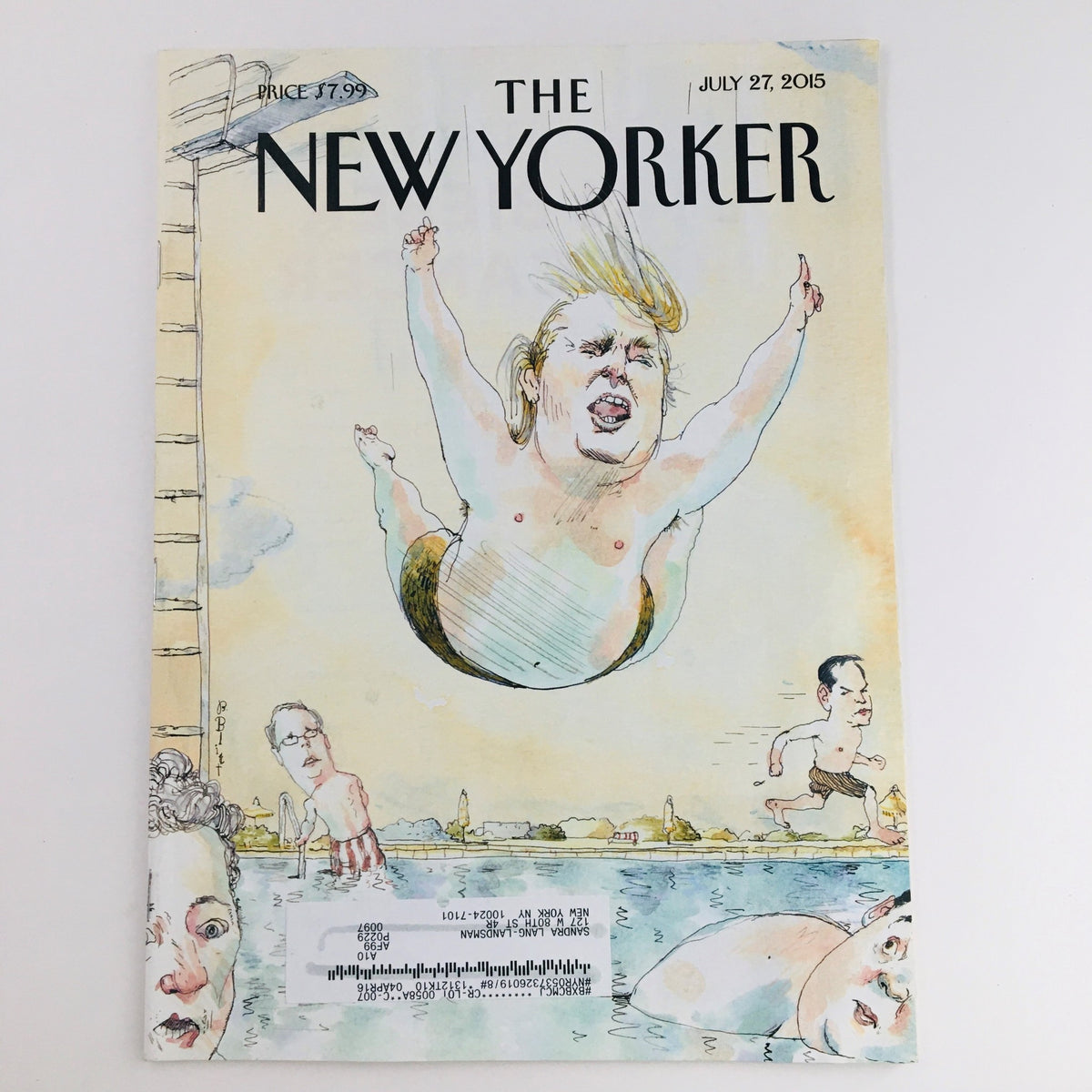 The New Yorker July 27 2015 Donald Trump magazine cover by Barry Blitt, featuring a whimsical illustration of Donald Trump diving into a pool, surrounded by caricatures of onlookers, reflecting the satire and cultural commentary of the issue.