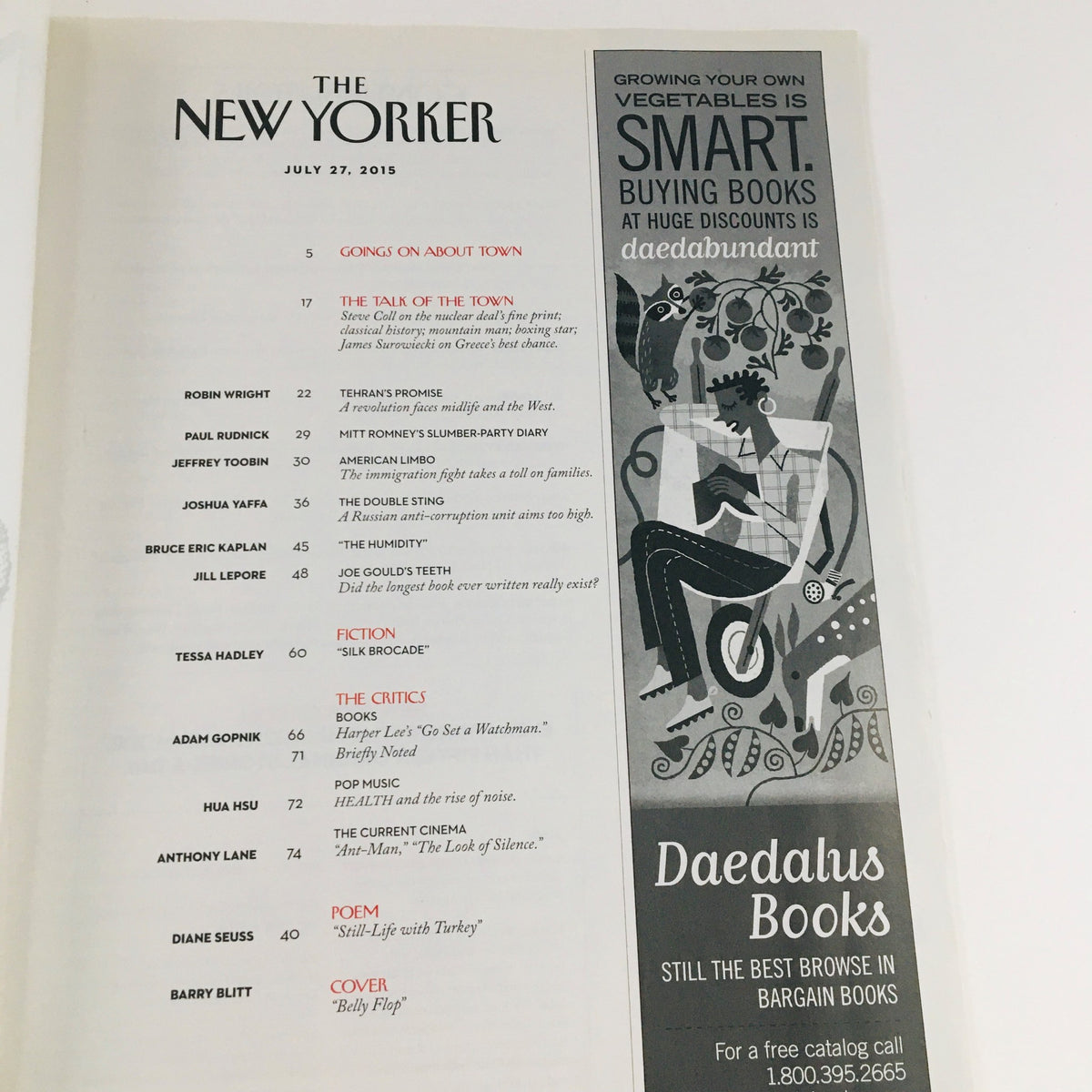 The New Yorker July 27 2015 interior page showcasing the table of contents including notable articles and features, providing insights into the magazine's discussions and commentary during the era it was published.