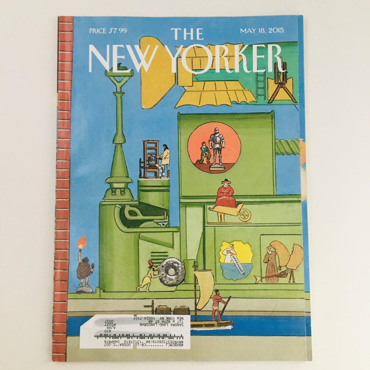 The New Yorker May 18 2015 Full Magazine theme cover by Bruce McCall, featuring vibrant illustrations and unique characters, ideal for collectors.