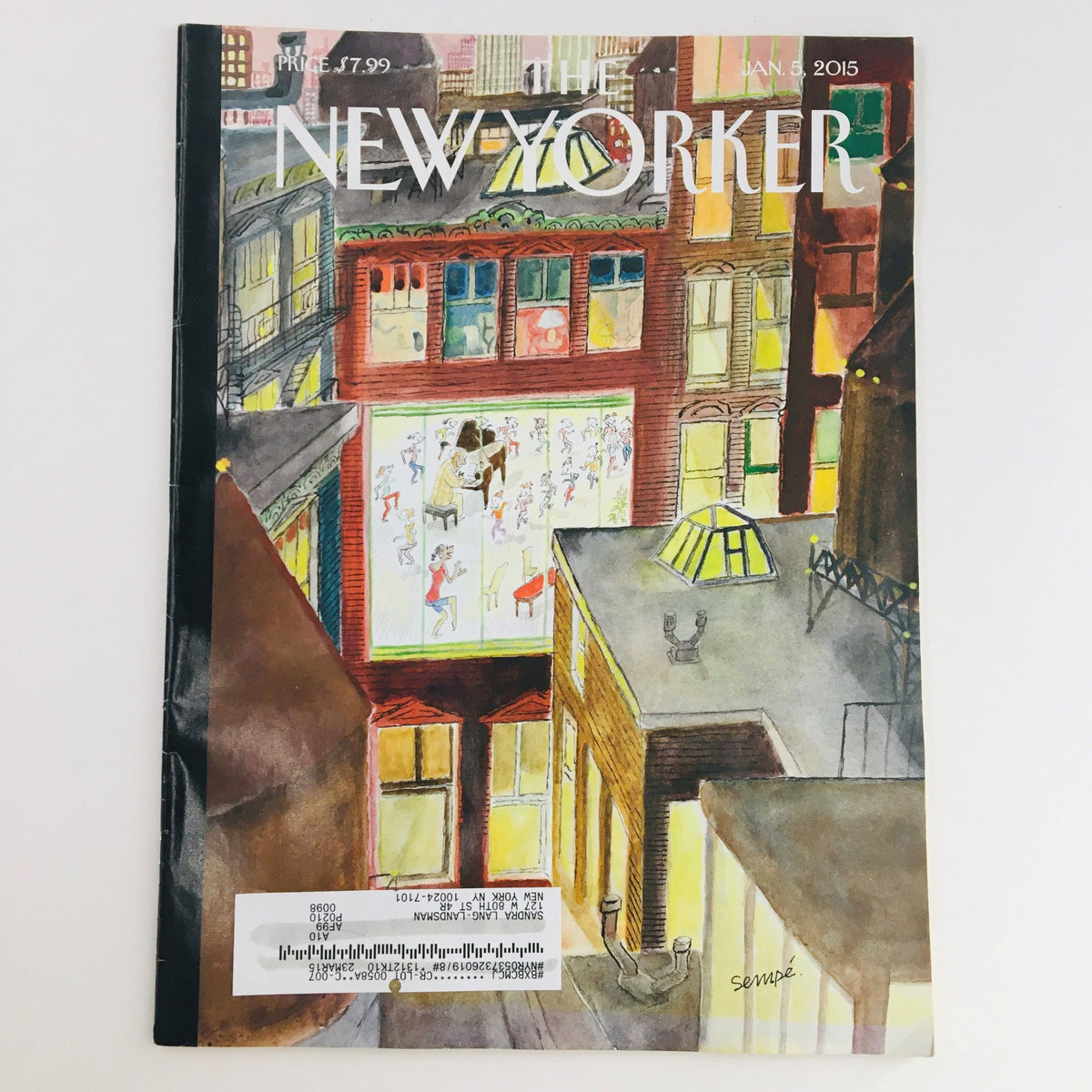 The New Yorker January 5 2015 Full Magazine Theme Cover by Jean-Jacques Sempé, showcasing a vibrant illustration of a cityscape with people, perfect for vintage magazine collectors.