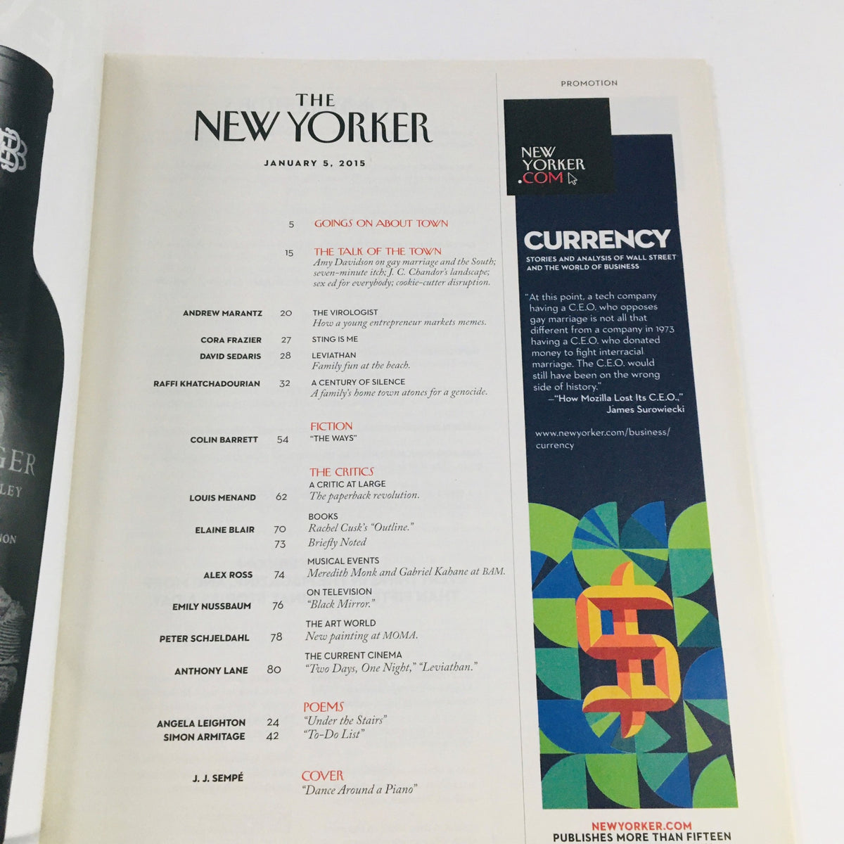 Interior page of The New Yorker January 5 2015, featuring the table of contents and promotional content, reflecting the magazine's insightful journalism and cultural commentary.