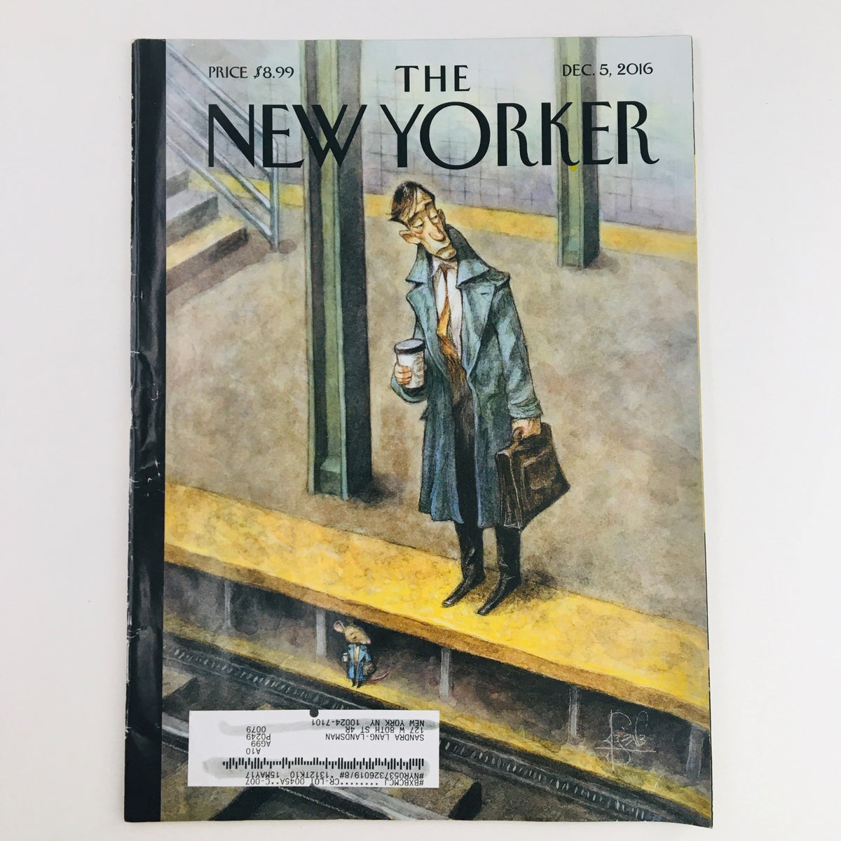 The New Yorker December 5 2016 magazine cover featuring an illustration by Peter de Sève, depicting a man in a trench coat holding a coffee cup at a subway station, showcasing modern artistry and sophisticated design.