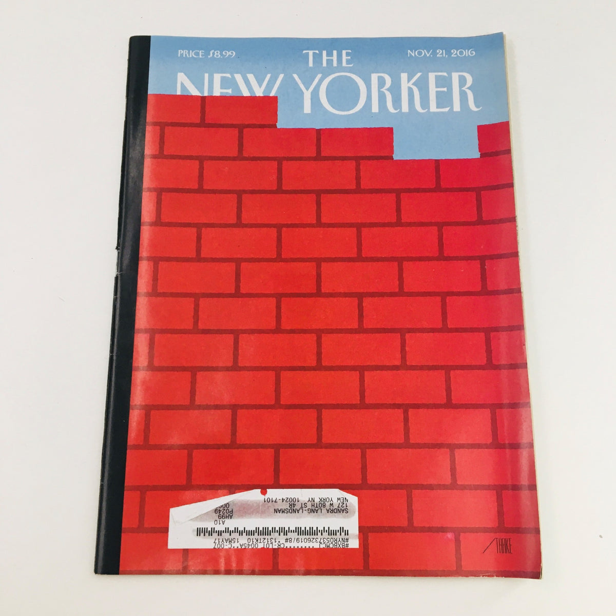 The New Yorker November 21 2016 full magazine cover by Bob Staake featuring a vibrant illustration with a red brick wall background.